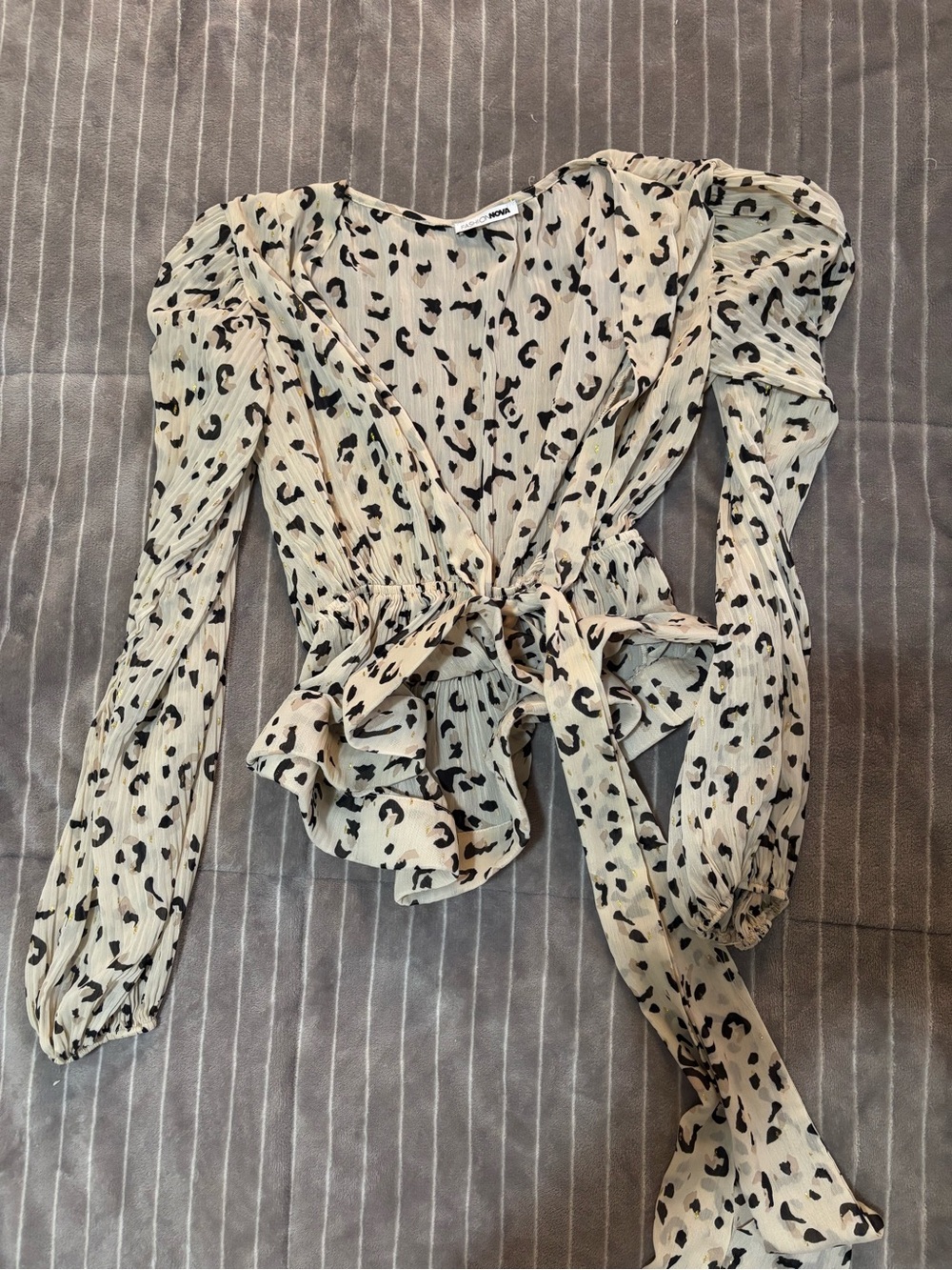 Fashion Nova Beige and Black Leopard Wrap Blouse with Puff Sleeves